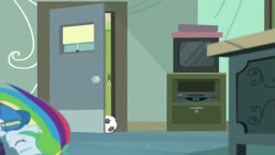 Size: 3410x1920 | Tagged: safe, imported from derpibooru, screencap, rainbow dash, equestria girls, equestria girls series, happily ever after party, chalkboard, clothes, eyes closed, female, football, happily ever after party: rainbow dash, hoodie, shoes, sneakers, solo, sports, television