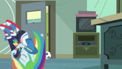 Size: 3410x1920 | Tagged: safe, imported from derpibooru, screencap, rainbow dash, equestria girls, equestria girls series, happily ever after party, chalkboard, clothes, converse, cutie mark, cutie mark on clothes, eyes closed, female, football, happily ever after party: rainbow dash, hoodie, shoes, sneakers, solo, sports, television