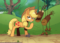 Size: 1800x1293 | Tagged: safe, artist:saturdaymorningproj, imported from derpibooru, applejack, earth pony, pony, spike at your service, damsel in distress, female, grin, mare, puppet, scene interpretation, smiling, solo, timber wolf puppet