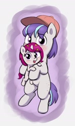 Size: 1209x2025 | Tagged: safe, artist:heretichesh, imported from derpibooru, oc, oc only, earth pony, pony, unicorn, baseball cap, blushing, cap, cute, duo, female, filly, freckles, hat, holding a pony, looking at you, male, ocbetes, stallion