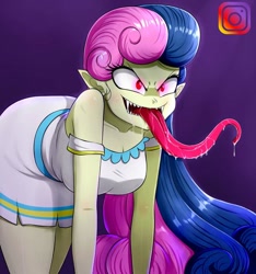 Size: 562x600 | Tagged: safe, artist:the-butch-x, imported from derpibooru, bon bon, sweetie drops, vampire, equestria girls, background human, breasts, busty bon bon, clothes, creepy, dress, drool, fangs, female, instagram, long tongue, open mouth, red eyes, solo, tongue out