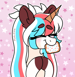 Size: 1450x1500 | Tagged: safe, artist:pink-pone, imported from derpibooru, oc, oc only, pony, unicorn, eyebrows, eyebrows visible through hair, female, food, hooves together, mare, mouth hold, poptart, solo