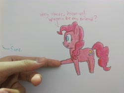 Size: 4000x3000 | Tagged: safe, artist:cherro, imported from derpibooru, pinkie pie, earth pony, human, pony, fourth wall, hand, irl, irl human, photo, traditional art