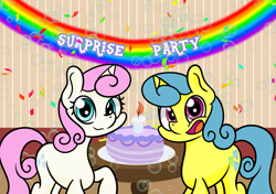 Size: 1995x1404 | Tagged: safe, artist:dinkyuniverse, imported from derpibooru, lemon hearts, twinkleshine, pony, atg 2021, cake, food, newbie artist training grounds