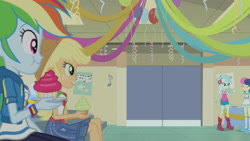 Size: 3410x1920 | Tagged: safe, imported from derpibooru, screencap, applejack, bon bon, lyra heartstrings, rainbow dash, sweetie drops, equestria girls, equestria girls series, happily ever after party, adorabon, applejack's hat, aweeg*, belt, clothes, cowboy hat, cupcake, cute, cutie mark, cutie mark on clothes, dashabetes, denim skirt, eyes closed, female, food, geode of super speed, geode of super strength, happily ever after party: applejack, hat, hoodie, jackabetes, jewelry, lesbian, lyrabon, magical geodes, necklace, open mouth, shipping, skirt, smiling