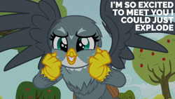 Size: 1280x720 | Tagged: safe, edit, edited screencap, editor:quoterific, imported from derpibooru, screencap, gabby, griffon, season 6, the fault in our cutie marks, cute, female, gabbybetes, smiling, solo, spread wings, tree, wings