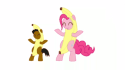 Size: 680x382 | Tagged: artist needed, safe, artist:dstears, edit, imported from derpibooru, pinkie pie, oc, oc:ladainian otis, earth pony, pony, animated, banana, banana suit, bipedal, colt, cute, dancing, earth pony oc, eyes closed, female, food, friendshipping, gif, male, mare, open mouth, open smile, peanut butter jelly time, smiling