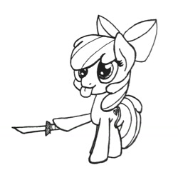 Size: 1495x1424 | Tagged: safe, artist:ewoudcponies, imported from derpibooru, apple bloom, earth pony, pony, :p, black and white, dark, dexterous hooves, female, filly, grayscale, knife, lineart, monochrome, solo, sword, tongue out, traditional art, weapon