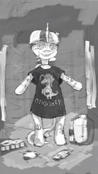 Size: 720x1280 | Tagged: safe, artist:halfaman, imported from derpibooru, twilight sparkle, anthro, semi-anthro, bipedal, clothes, cyrillic, grayscale, meme, monochrome, oversized clothes, oversized shirt, russian, shirt, sketch, solo, t-shirt, tattoo
