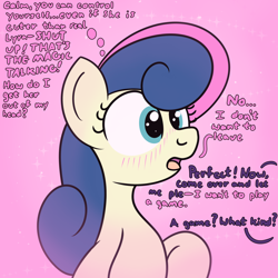 Size: 2000x2000 | Tagged: safe, artist:dafiltafish, imported from derpibooru, bon bon, sweetie drops, oc, oc:hedone, earth pony, pony, comic:day by day, blushing, dialogue, grammar error, high res, out of frame, solo, thoughts