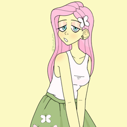 Size: 2500x2500 | Tagged: safe, alternate version, artist:thisisrap44, imported from derpibooru, fluttershy, equestria girls, bedroom eyes, bust, clothes, cutie mark, cutie mark on clothes, ear piercing, female, hairclip, high res, piercing, simple background, solo, yellow background