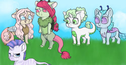 Size: 969x500 | Tagged: safe, artist:ukulelepineapplecat, imported from derpibooru, oc, oc:fauna, oc:flora, changedling, changeling, draconequus, dracony, dragon, hybrid, pony, unicorn, zebra, zebracorn, bipedal, changedling oc, changeling oc, draconequus oc, female, horn, interspecies offspring, male, mare, offspring, outdoors, parent:discord, parent:fluttershy, parent:rarity, parent:spike, parent:twilight sparkle, parent:zecora, parents:discoshy, parents:sparity, smiling, stallion, unamused, unicorn oc