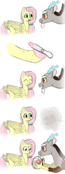 Size: 300x800 | Tagged: safe, artist:ukulelepineapplecat, imported from derpibooru, discord, fluttershy, oc, oc:flora, draconequus, pegasus, pony, bust, comic, discoshy, egg, female, grin, hoof hold, male, mare, preggoshy, pregnancy test, pregnant, shipping, smiling, straight, wings