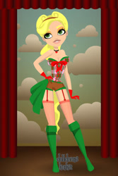 Size: 400x600 | Tagged: safe, artist:kinkei, imported from derpibooru, applejack, human, alternate hairstyle, boots, clothes, cloud, dolldivine, female, garter belt, gloves, hand on hip, humanized, makeup, shoes, socks, solo, stockings, thigh highs