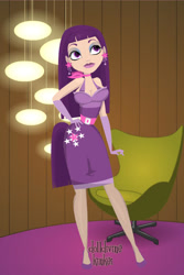 Size: 400x600 | Tagged: safe, artist:kinkei, imported from derpibooru, twilight sparkle, human, alternate hairstyle, chair, clothes, cutie mark, cutie mark on clothes, dolldivine, ear piercing, evening gloves, female, gloves, hand on hip, high heels, humanized, indoors, lipstick, long gloves, makeup, piercing, shoes, skirt, smiling, solo