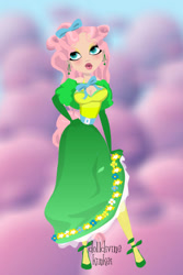 Size: 400x600 | Tagged: safe, artist:kinkei, imported from derpibooru, fluttershy, human, alternate hairstyle, bow, clothes, cloud, dolldivine, dress, female, gala dress, hair bow, hand on hip, humanized, lipstick, solo