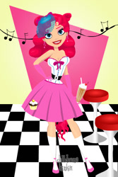 Size: 400x600 | Tagged: safe, artist:kinkei, imported from derpibooru, pinkie pie, human, alternate hairstyle, clothes, cupcake, dolldivine, female, food, grin, humanized, indoors, milkshake, music notes, skirt, smiling, socks, solo, stool