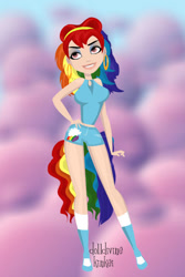 Size: 400x600 | Tagged: safe, artist:kinkei, imported from derpibooru, rainbow dash, human, alternate hairstyle, clothes, cutie mark, cutie mark on clothes, dolldivine, ear piercing, earring, female, grin, hand on hip, humanized, jewelry, piercing, shorts, smiling, solo