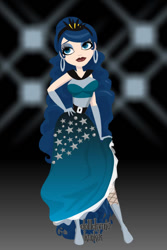 Size: 400x600 | Tagged: safe, artist:kinkei, imported from derpibooru, princess luna, human, alternate hairstyle, clothes, dolldivine, dress, ear piercing, earring, eyelashes, female, hand on hip, humanized, jewelry, lipstick, makeup, piercing, solo