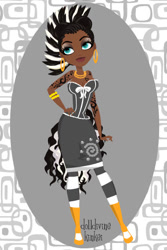 Size: 400x600 | Tagged: safe, artist:kinkei, imported from derpibooru, zecora, human, 2012, alternate hairstyle, bracelet, clothes, cutie mark, cutie mark on clothes, dark skin, dolldivine, ear piercing, earring, eyelashes, female, hand on hip, humanized, jewelry, makeup, mohawk, neck rings, piercing, skirt, socks, solo, striped socks