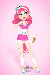 Size: 400x600 | Tagged: safe, artist:kinkei, imported from derpibooru, pinkie pie, human, alternate hairstyle, clothes, dolldivine, ear piercing, female, gloves, grin, hairband, hand on hip, humanized, lipstick, milkshake, needs more jpeg, piercing, ponk, skirt, smiling, socks, solo