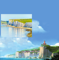 Size: 861x882 | Tagged: safe, edit, imported from derpibooru, cliff, cloud, g5, lighthouse, maretime bay, no pony, ocean, official, scenery, white cliffs of dover