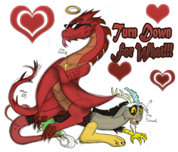 Size: 3229x2750 | Tagged: safe, alternate version, artist:chibi-n92, imported from derpibooru, discord, draconequus, dragon, black eye, blushing, bruised, colored, confused, crossed arms, halo, heart, high res, jewelry, lord of the rings, male, monochrome, necklace, sitting, smaug the golden, smug, sunglasses