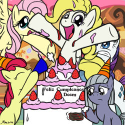 Size: 1500x1500 | Tagged: safe, artist:srmario, imported from derpibooru, apple bloom, fluttershy, limestone pie, rarity, surprise, earth pony, pegasus, pony, unicorn, cake, eyelashes, food, frown, happy birthday, hat, hoof hold, indoors, open mouth, party hat, party horn, shocked, smiling, strawberry, underhoof, wings