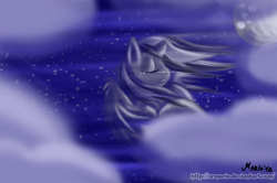 Size: 1500x998 | Tagged: safe, artist:srmario, imported from derpibooru, oc, oc only, oc:doctiry, alicorn, pony, alicorn oc, broken horn, bust, cloud, crying, eyes closed, female, full moon, horn, mare, moon, night, outdoors, signature, solo, stars, wings