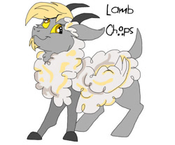 Size: 600x500 | Tagged: safe, artist:zee-stitch, imported from derpibooru, oc, oc only, oc:lamb chops, derp, goat horns, interspecies offspring, offspring, parent:derpy hooves, parent:discord, parents:derpcord, simple background, solo, white background, wings