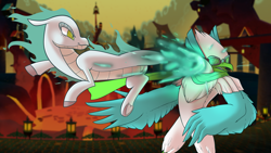 Size: 2450x1378 | Tagged: safe, artist:hitsuji, artist:mane6, imported from derpibooru, avian, dragon, hybrid, longma, them's fightin' herds, community related, duo, fire, goggles, kicking, rivals of aether, tianhuo (tfh), wrastor (roa)