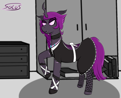 Size: 1354x1093 | Tagged: safe, artist:solos, imported from derpibooru, oc, oc only, oc:coco (changeling), changeling, changeling oc, clothes, fangs, fishnets, maid, purple changeling