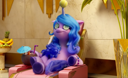 Size: 876x531 | Tagged: safe, imported from derpibooru, screencap, izzy moonbow, pony, unicorn, spoiler:my little pony: a new generation, 3d, ball, banana, coconut cup, coconut drink, cucumber, food, g5, horn, hornball, izzy's tennis ball, massage chair, my little pony: a new generation, pineapple, solo, tennis ball, zephyr heights