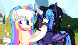 Size: 1499x868 | Tagged: safe, artist:moonbatz, imported from derpibooru, oc, oc only, oc:confetti, oc:stella luna, alicorn, earth pony, pony, female, mare