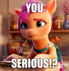 Size: 1407x1440 | Tagged: safe, edit, edited screencap, imported from derpibooru, screencap, sunny starscout, pony, spoiler:g5, spoiler:my little pony: a new generation, 3d, caption, g5, image macro, j.k. simmons, my little pony: a new generation, solo, spider-man, text, text edit