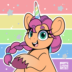 Size: 4000x4000 | Tagged: safe, artist:partylikeanartist, imported from derpibooru, sunny starscout, pony, spoiler:g5, braid, braided ponytail, cute, fake horn, fake unicorn, g5, rainbow, solo, sparkles, sunnybetes, that was fast, unicorn costume, unshorn fetlocks