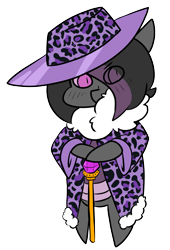 Size: 1511x2218 | Tagged: safe, artist:mimicryfluffoarts, imported from derpibooru, part of a set, oc, oc only, oc:mimicry, cane, clothes, female, fluffy, gem, hat, leopard print, mare, mimicry's silly doodles, pimp, purple changeling, shiftling