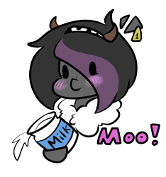 Size: 1131x1210 | Tagged: safe, artist:mimicryfluffoarts, imported from derpibooru, part of a set, oc, oc only, oc:mimicry, pony, chibi, cow horns, ear tag, exploitable meme, female, fluffy, mare, meme, milk, mimicry's silly doodles, moomoocry-milkies, shiftling, spilled milk
