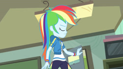 Size: 3410x1920 | Tagged: safe, imported from derpibooru, screencap, rainbow dash, equestria girls, equestria girls series, happily ever after party, clothes, cutie mark, cutie mark on clothes, eyes closed, female, geode of super speed, happily ever after party: rainbow dash, hoodie, jewelry, magical geodes, necklace, solo, television