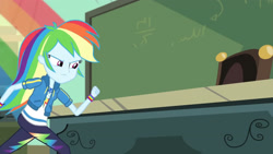 Size: 3410x1920 | Tagged: safe, imported from derpibooru, screencap, rainbow dash, equestria girls, equestria girls series, happily ever after party, chalkboard, clothes, cutie mark, cutie mark on clothes, female, geode of super speed, happily ever after party: rainbow dash, hoodie, jewelry, magical geodes, necklace, rainbow trail, solo