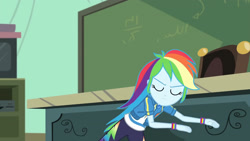 Size: 3410x1920 | Tagged: safe, imported from derpibooru, screencap, rainbow dash, equestria girls, equestria girls series, happily ever after party, chalkboard, clothes, cutie mark, cutie mark on clothes, eyes closed, female, geode of super speed, happily ever after party: rainbow dash, hoodie, jewelry, magical geodes, necklace, solo, television