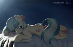 Size: 990x643 | Tagged: safe, artist:vinilyart, imported from derpibooru, coco pommel, earth pony, pony, adorasexy, bed, cocobetes, cute, female, hair accessory, lighting, lying down, mare, pillow, prone, sexy, smiling, solo, sultry, underhoof