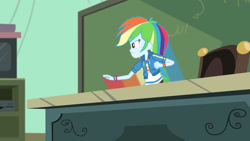 Size: 3410x1920 | Tagged: safe, imported from derpibooru, screencap, rainbow dash, equestria girls, equestria girls series, happily ever after party, chalkboard, clothes, cutie mark, cutie mark on clothes, female, geode of super speed, happily ever after party: rainbow dash, hoodie, jewelry, magical geodes, necklace, rainbow trail, solo, television