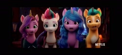 Size: 2048x922 | Tagged: safe, imported from derpibooru, screencap, hitch trailblazer, izzy moonbow, pipp petals, zipp storm, earth pony, pegasus, pony, unicorn, spoiler:g5, spoiler:my little pony: a new generation, 3d, fake horn, g5, my little pony: a new generation