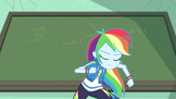 Size: 3410x1920 | Tagged: safe, imported from derpibooru, screencap, rainbow dash, equestria girls, equestria girls series, happily ever after party, chalkboard, clothes, cutie mark, cutie mark on clothes, eyes closed, female, geode of super speed, happily ever after party: rainbow dash, hoodie, jewelry, magical geodes, necklace, solo