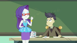 Size: 3410x1920 | Tagged: safe, imported from derpibooru, screencap, cranky doodle donkey, rarity, equestria girls, equestria girls series, happily ever after party, bracelet, chalkboard, clothes, cutie mark, cutie mark on clothes, eyes closed, female, geode of shielding, glasses, hairpin, happily ever after party: rarity, jewelry, lip bite, magical geodes, male, rarity peplum dress, rarity's glasses