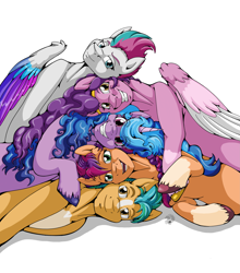 Size: 2943x3351 | Tagged: safe, artist:stormblaze-pegasus, imported from derpibooru, hitch trailblazer, izzy moonbow, pipp petals, sunny starscout, zipp storm, earth pony, pegasus, pony, unicorn, blaze (coat marking), coat markings, cuddle puddle, cuddling, facial markings, female, g5, high res, looking at you, male, mane five (g5), mare, markings, pale belly, pony pile, simple background, smiling, socks (coat markings), stallion, unshorn fetlocks, white background, wings