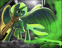 Size: 6006x4641 | Tagged: safe, artist:ultra-smurfmarine, imported from derpibooru, oc, oc:copy cat, alicorn, pony, fallout equestria, alicorn oc, artificial alicorn, barrel, clothes, horn, scarf, wings