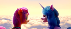 Size: 1920x796 | Tagged: safe, imported from derpibooru, screencap, izzy moonbow, sunny starscout, earth pony, pony, unicorn, spoiler:my little pony: a new generation, 3d, cloud, female, g5, imminent kissing, mare, my little pony: a new generation