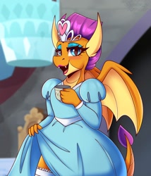 Size: 1500x1750 | Tagged: safe, artist:shadowreindeer, imported from derpibooru, smolder, dragon, clothes, cup, cute, dragoness, dress, eyeshadow, female, jewelry, lipstick, makeup, open mouth, open smile, princess, princess smolder, skirt, skirt lift, smiling, smolderbetes, socks, stockings, teacup, thigh highs, tiara